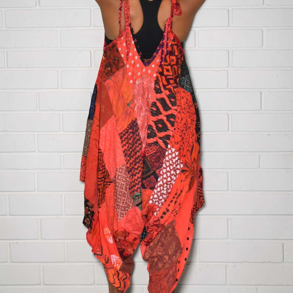 Boho Patchwork Harem Romper Red Tie Strap Jumper … - image 2